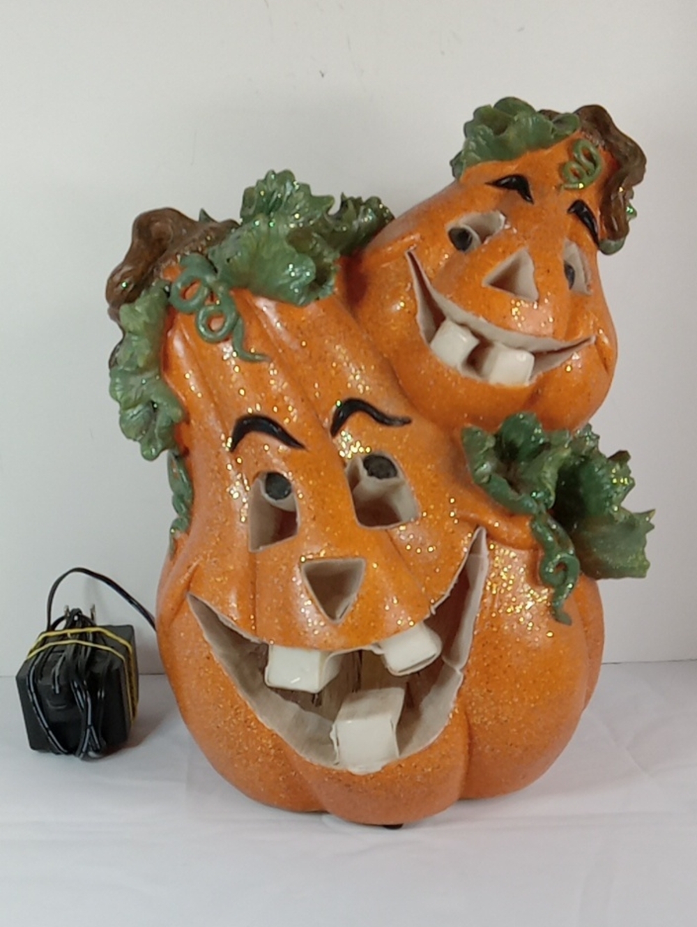 Vintage Glitter Ceramic Jack-O'-Lantern Stack Pumpkin Lighted Lamp